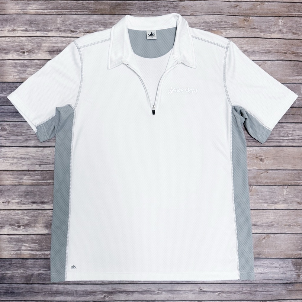 Alo White Grey Never Quit Logo 1/4 Zip Collared Cool Fit Textured Polo Mens XXL